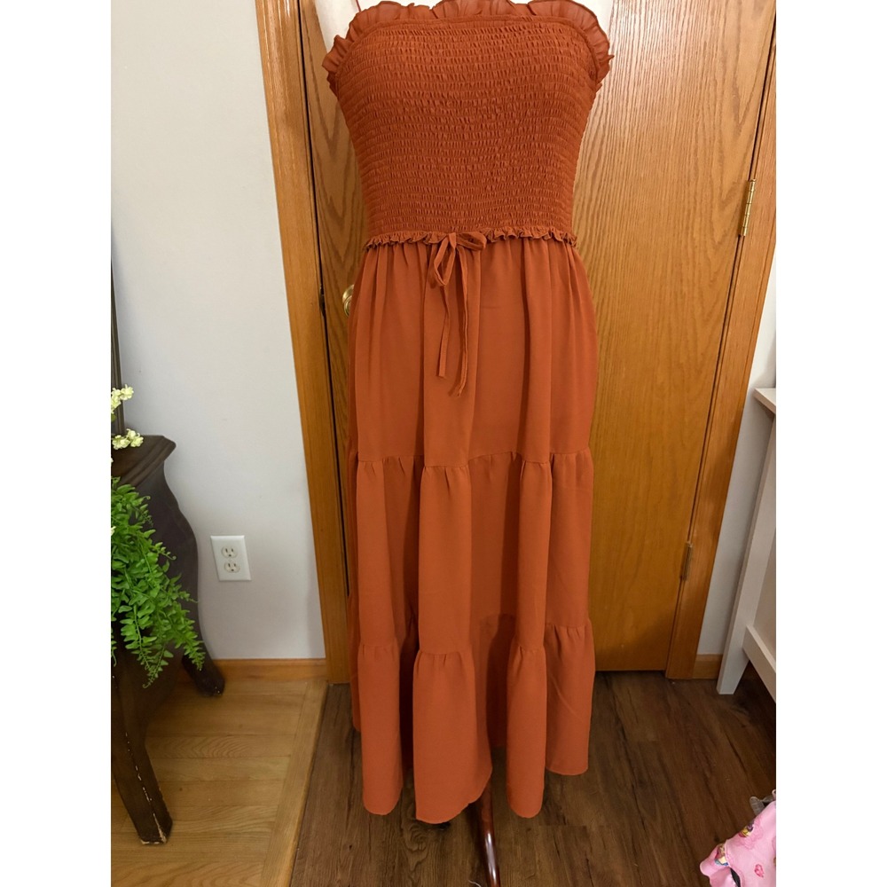 Boho- Rust Orange Smocked Tiered Maxi Dress XL Sleeveless Boho Ruffle Bodice